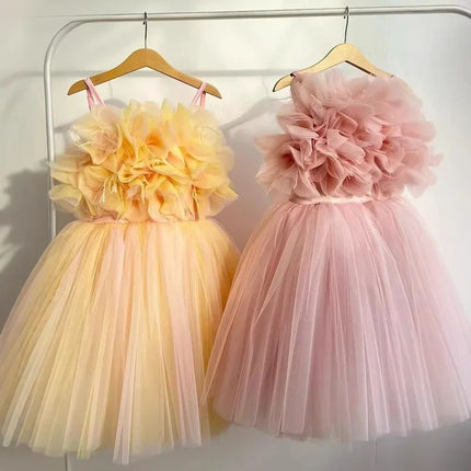 Girl Clothes Children's Flower Dress Wedding Princess Dresses Little Girls Pink Blue Strap Tulle Tutu Skirt Purple Spaghetti