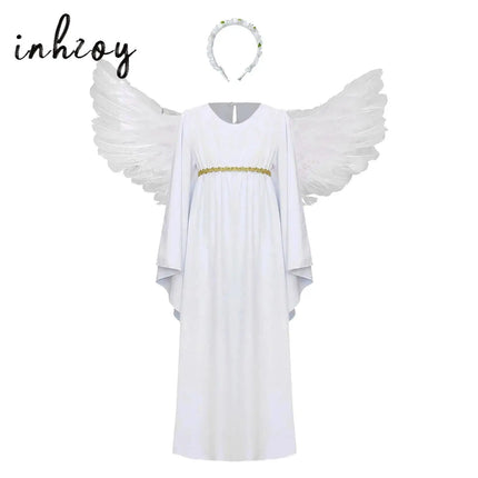 Sweet Girls Angel Costume Outfits Kids White Fancy Princess Church Robes Angel Dress+Feather Wings+Headband Dress Up 3Pcs Set