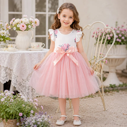 Toddler Girls Floral Print Fly Sleeve Princess Dress Pink Sash Bow Tulle Tutu Dress Kids Summer Birthday Party Casual Wedding Pa