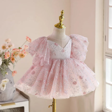 Children Light Luxury Pink Host Performance Princess Ball Gown Girls Cute Birthday Wedding Party Dress g340