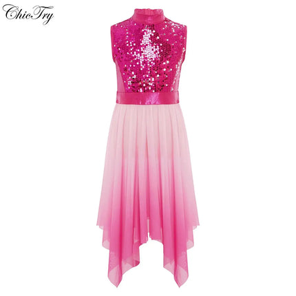 Kids Girls Liturgical Worship Praise Ballet Lyrical Dance Tunic Dresses with Sequins for Church Performance and Celebration