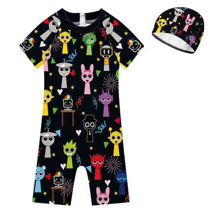 Summer Sprunki Plush Swimwear Kids Costume Toddler Baby One-piece Swimming Cap Bathing Suit Boys Girls Sprunki Print Beachwear