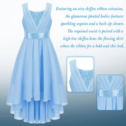 Kids Girls Sequins Ruched Party Birthday Wedding Bridesmaid Dress Sleeveless High-low Hem Summer Chiffon Princess Dress