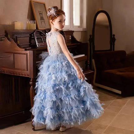 Jill Wish J299 Elegant Blue Feather Flower Girl Dress Pearls Princess Children Wedding Birthday Pageant Party Evening Gown