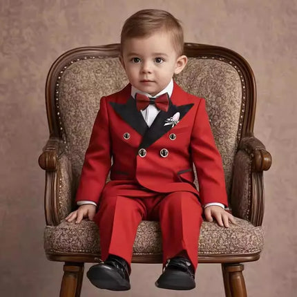 Flower Boys Red Wedding Dress Kids Double-breasted Suit Set Children's Birthday Ceremony Performance Costume