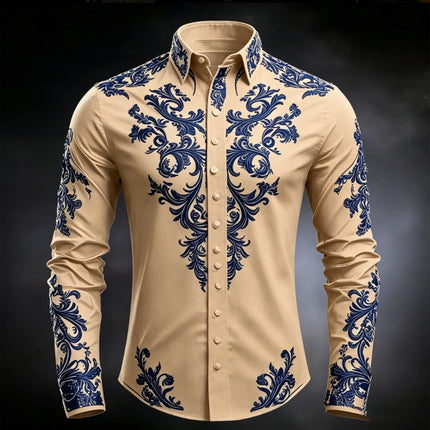 Men's Luxury Baroque Print White Satin Dress Shirt Long Sleeve Slim Fit Formal Business Party Button Down Shirt