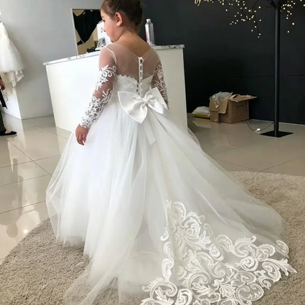 1-13 Years Lace Tulle Flower Girl Dress Up Buttons Bows Children's First Communion Ball Gown Wedding Party Bridesmaid Dress Kids