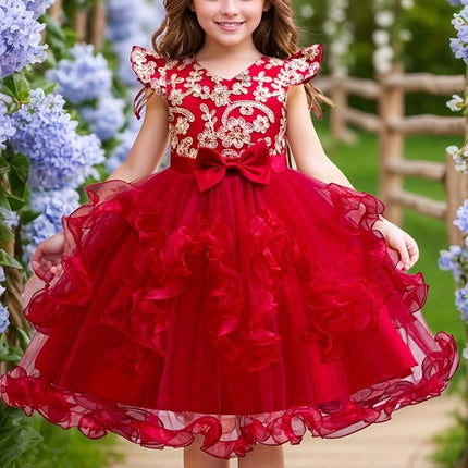 Girls' Embroidered Wedding Dress, Princess Stage Performance Gown with Sequin Bow, Short Sleeve, Regular Fit, All-Season, Party