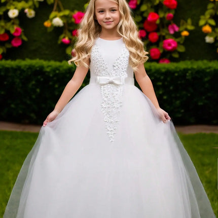 Flower Girl Dresses for Wedding Guest Kids Bridesmaid White Lace Formal Performance Party Ball Gown 10 12 Year