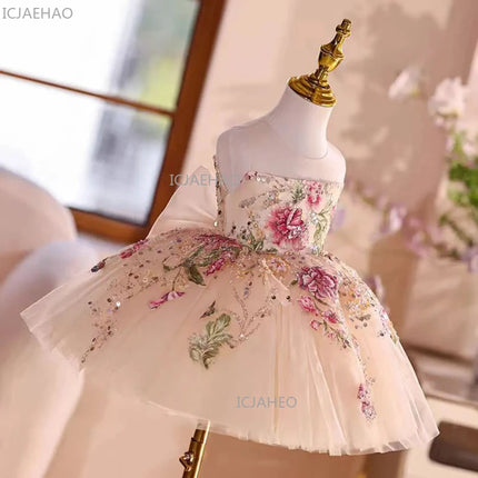 Elegant Embroidered Floral Dress Children Strapless Sash Bow Sleeveless Wedding Festival Party Ball Gown Girls Formal Costume