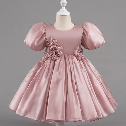 Solid Color Girl Princess Dress Short Sleeve Lace Flower Girl Dresses for Weddings Summer Children's Evening Dress 1-7 Years