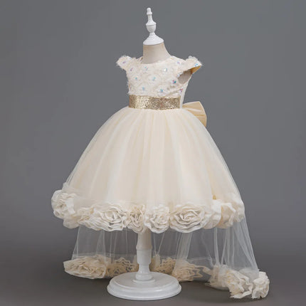 Flower Girl Dress 3D Rose Lace Tulle Sequin Waistband Princess Gown Birthday Holiday Wedding Party Formal Girls Dresses 3-12Y