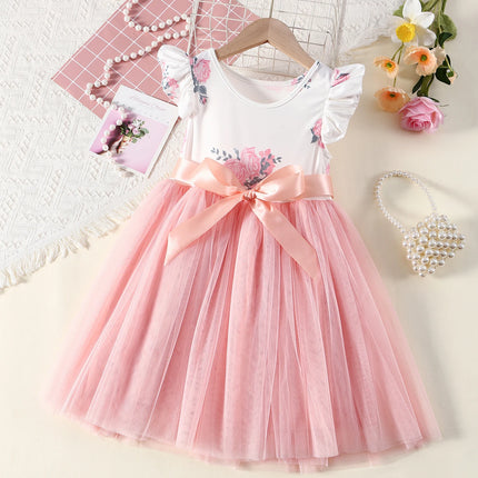Toddler Girls Floral Print Fly Sleeve Princess Dress Pink Sash Bow Tulle Tutu Dress Kids Summer Birthday Party Casual Wedding Pa
