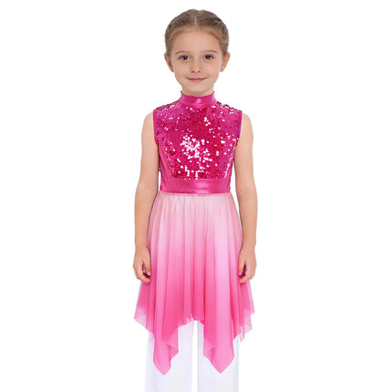 Kids Girls Liturgical Worship Praise Ballet Lyrical Dance Tunic Dresses with Sequins for Church Performance and Celebration