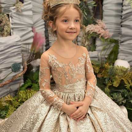 Gold Big Bow Flower Girl Dresses  Appliques Full Illusion Sleeves Birthday Wedding Holiday Bridesmaid Dress Customized Clothing