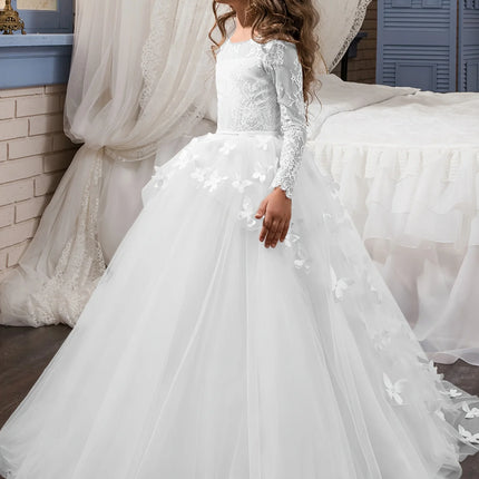 Elegant and lovely butterfly floor mopping flower girl wedding dress, lace long sleeved ball dress