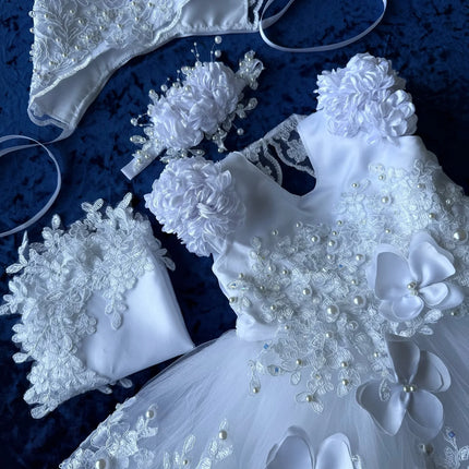 Cute Lace Baptism Christening Gown With Bonnet Outfit Baby Girls White Party Birthday Gown Wedding 3D Flower Girl Dress
