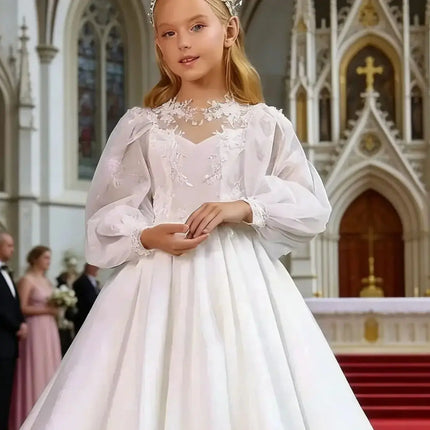 Glitter Elegant Satin Flower Girl Dresses for Wedding Long Sleeves Appliques Tulle Kids First Communion Ball Gown Custom