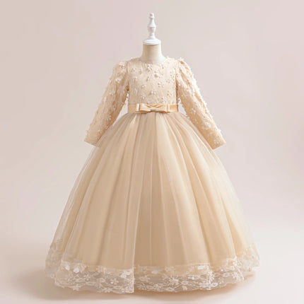 Long Sleeve Flower Bridesmaid Girls Dress Children Christmas Costume Lace Bow Princess Kids Dressees For Girl Party Wedding Gown