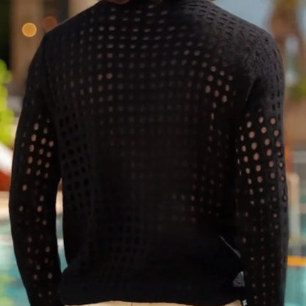 Men's Simple Sexy Mesh Tops Spring/Summer American Casual Fashion Round Neck Hollow Out Knitted Long Sleeve T-shirt