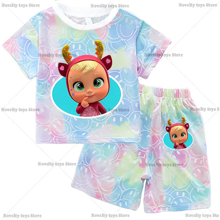 Crying Babies T-shirt Set Children Summer Clothing Girl Cartoon Anime Short Sleeve Sets Leisure Kawaii Clothes Kid Cute Tee Gift