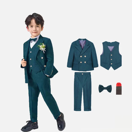 Children Dark Green 4Pieces/Set Jacket Vest Pants Bowtie Photograph Suit Gentleman Kids Elegant Dress Boys Performance Costume