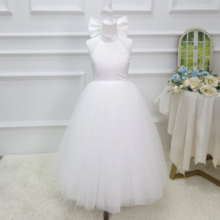 White Chiffon Satin Wedding Dress, Elegant Girl Beauty Pageant Long Dress, Fancy Ball Girl Carnival Costume