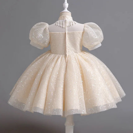 High-end Sequin Flower Girl Dress Puff Sleeve White Mesh Wedding Dress Knee Length Fashion Evening Appliques Outfit Clothes