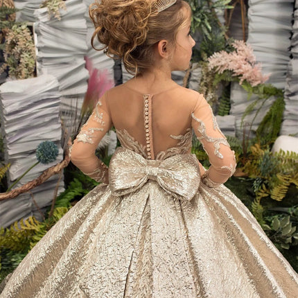 Gold Big Bow Flower Girl Dresses  Appliques Full Illusion Sleeves Birthday Wedding Holiday Bridesmaid Dress Customized Clothing