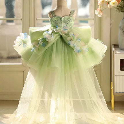 Luxurious and Elegant Girls Summer Dress Green Flower Girl Wedding Dress Children's Birthday Piano Performance Tail Princess Dre