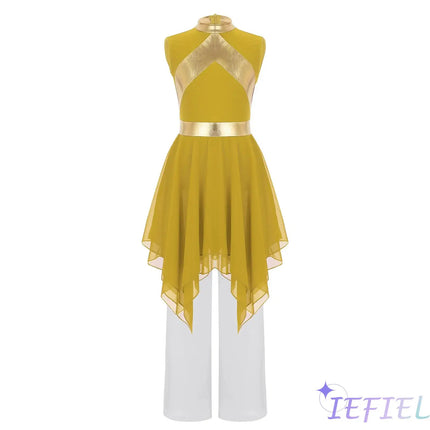 Kids Girl Worship Praise Dance Outfit Metallic Contrast Color Sleeveless Asymmetrical Hem Dress+Wide-Leg Pants for Church Events