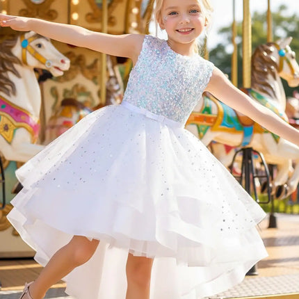 Summer Sequins Bow Party Dress For Girl Christmas Costume Elegant Wedding Princess Girls Dresses Lace Birthday Prom Gown Evening