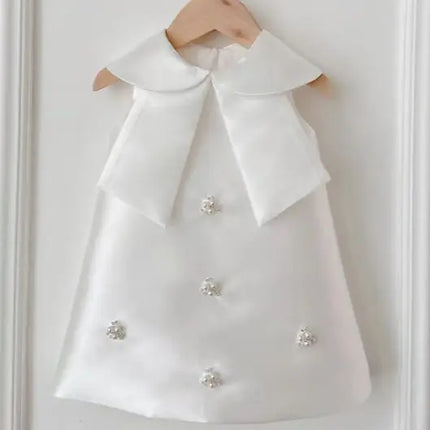 HETISO Teenager Baby Girl Formal Dress Peter Pan Collar Pearls Sleeveless Kids Princess Wedding Party Ball Gown