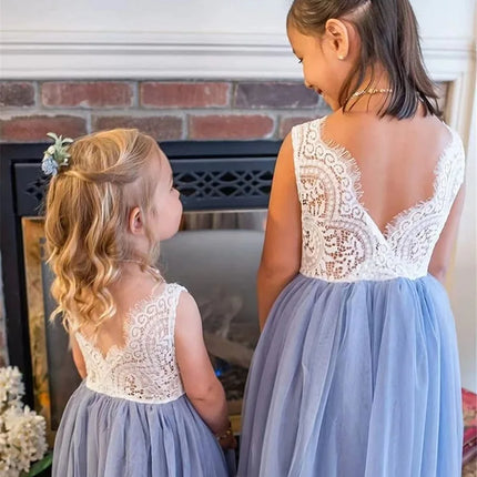 Girls Fashion Open Back Princess Dress 3-12 Years Old New Mesh Lace Long Dress Birthday Wedding Flower Girl Performance Clothing