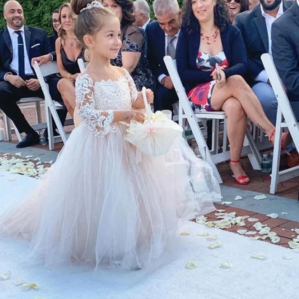 1-13 Years Lace Tulle Flower Girl Dress Up Buttons Bows Children's First Communion Ball Gown Wedding Party Bridesmaid Dress Kids
