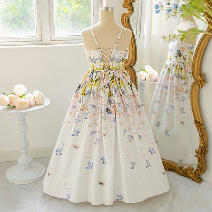 Flower Girl Princess Print Sling Ball Gown White Wedding Childrens Fluffy Mesh Dress Birthday Party Piano Performance Costume