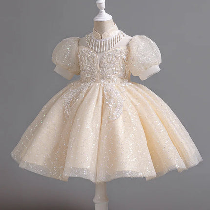 High-end Sequin Flower Girl Dress Puff Sleeve White Mesh Wedding Dress Knee Length Fashion Evening Appliques Outfit Clothes