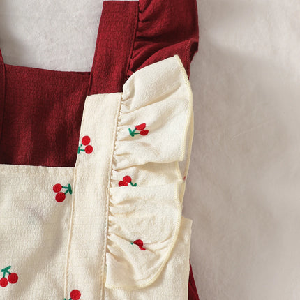 two-Piece Set: New Summer Arrivals for Baby Girls—Apricot and Red Ruffled Sleeveless Dresses with Adorable Cherry Prints.