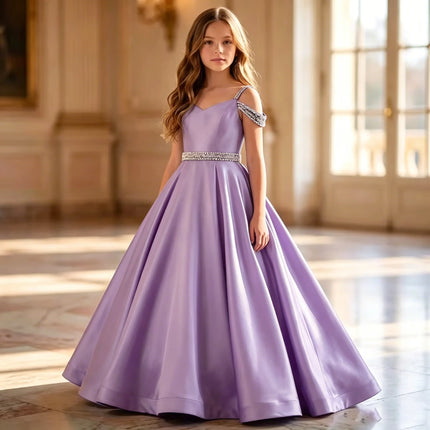 White Elegant Satin Child Wedding Party Dresses Long Beaded Off Shoulder Birthday Flower Girl DressFormal Evening Gowns forGirls