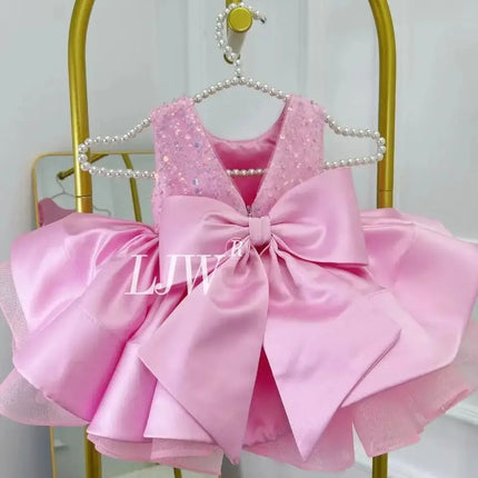 V-Neck Pink Glitter Flower Girl Wedding Dress Baby First Christmas Dress Elegant Birthday Party Girls Dress Ballet Girls Costume