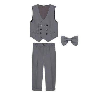 Teenager Kids Beige WaistCoat Shirt Pants Bowtie Tuxedo Dress Boys Vest Suit For Wedding Children Host Photograph Party Costume