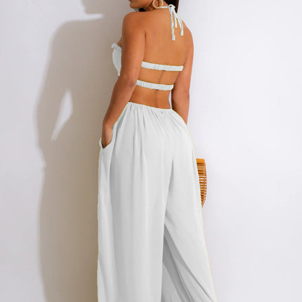 Women Clothing Spring Summer Solid Color Sexy Loose Backless Jumpsuit