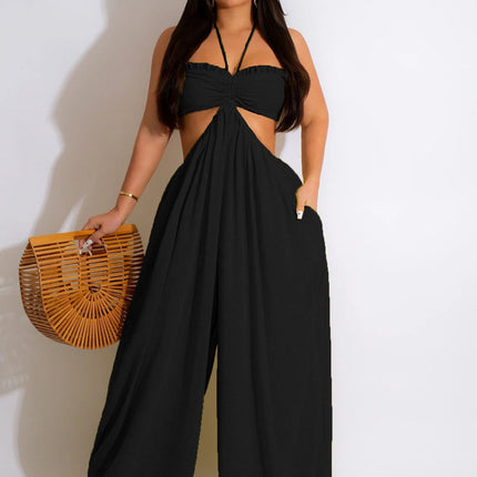 Women Clothing Spring Summer Solid Color Sexy Loose Backless Jumpsuit