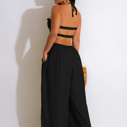 Women Clothing Spring Summer Solid Color Sexy Loose Backless Jumpsuit