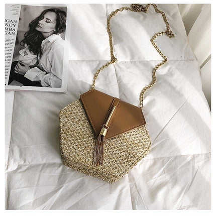 New Famous Mulit Style Straw+leather Handba For Women And Girls  New Fashion Summer Bag Handmade Woven Beach Circle Shoulder Bag