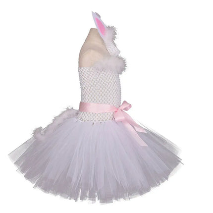 2Pcs Rabbit Costume Set White Size 110 Lovely Easter Party Headdress Dress Kid Festival Outfit Girl Cosplay Birthday Gift