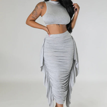 Women Clothing Solid Color High Waist Ruffles Crop Top Tight Fitting Vest Skirt Set