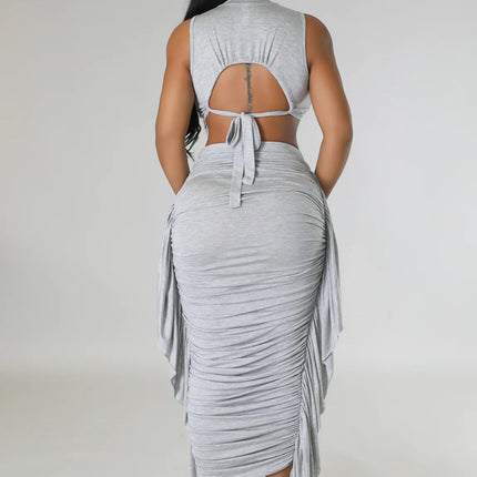 Women Clothing Solid Color High Waist Ruffles Crop Top Tight Fitting Vest Skirt Set