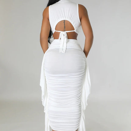 Women Clothing Solid Color High Waist Ruffles Crop Top Tight Fitting Vest Skirt Set