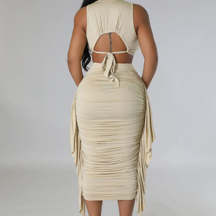 Women Clothing Solid Color High Waist Ruffles Crop Top Tight Fitting Vest Skirt Set